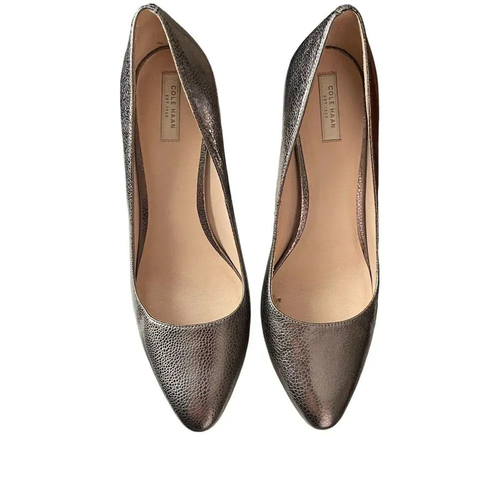 Cole Haan 10 B High Heels Metallic Pewter Silver Leather Almond Toe - Picture 2 of 12